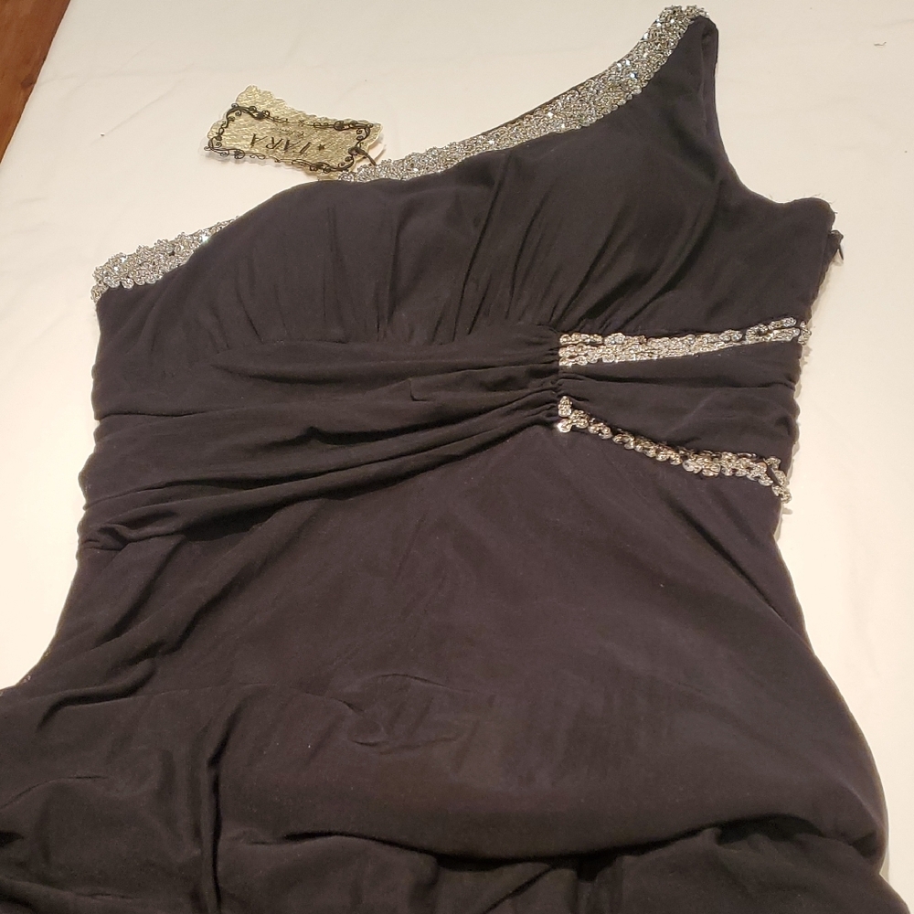 Black One Shoulder Ruched Gown with Embellishments for Cocktail